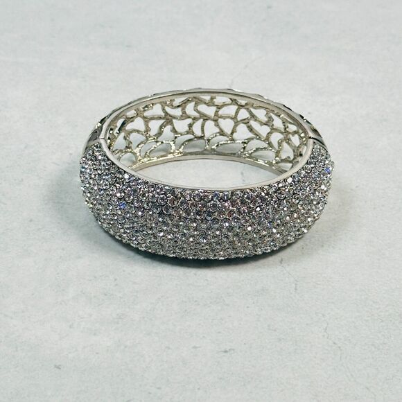 Womens Bracelet Bangle Pave Rhinestone Cut Ott Hearts Silver Tone 25mm Wide - Picture 3 of 12